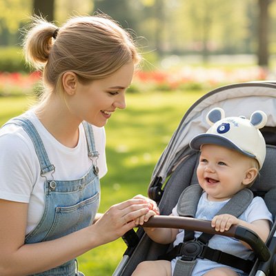 bébé avec maman au parc porte casquette bebe bleu ourson
