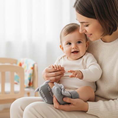 Bébé avec maman portant chaussette bebe gris noeud papillon