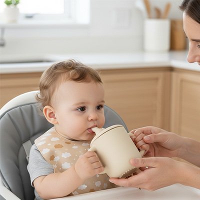 Bébé boit dans son gobelet bébé jaune à table