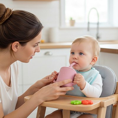 Bébé boit dans son gobelet bébé rose à table