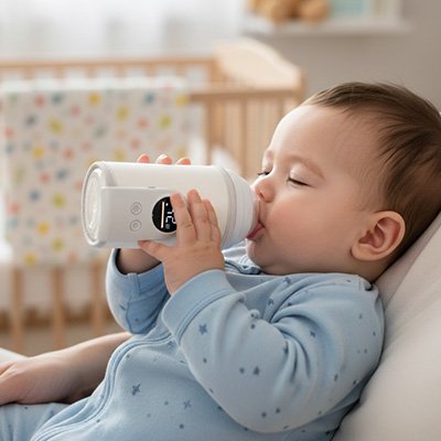 bébé boit son biberon dans chauffe-biberon blanc