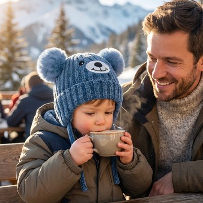 Bébé buvant lait et portant bonnet bebe bleu à extérieur