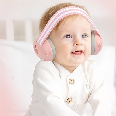 Bébé content porte casque anti bruit bébé  rose