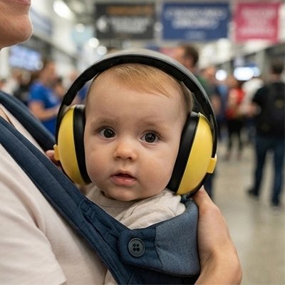 Bébé contre maman avec casque anti bruit bebe