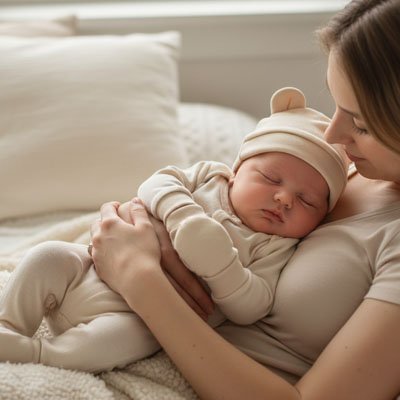Bébé couché sur maman porte bonnet bebe beige 