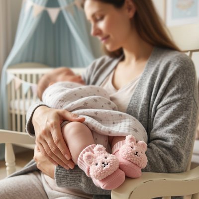 Bébé dans bras maman porte chaussettes bebe rose  lapin