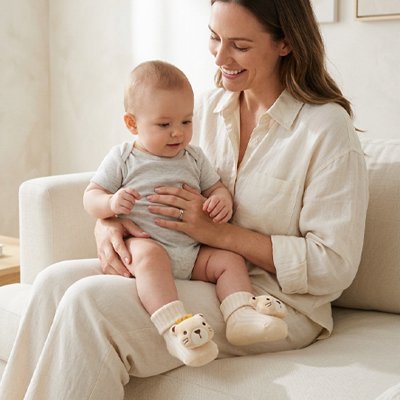 Bébé dans bras maman souriante porte chaussettes bebe beige chat