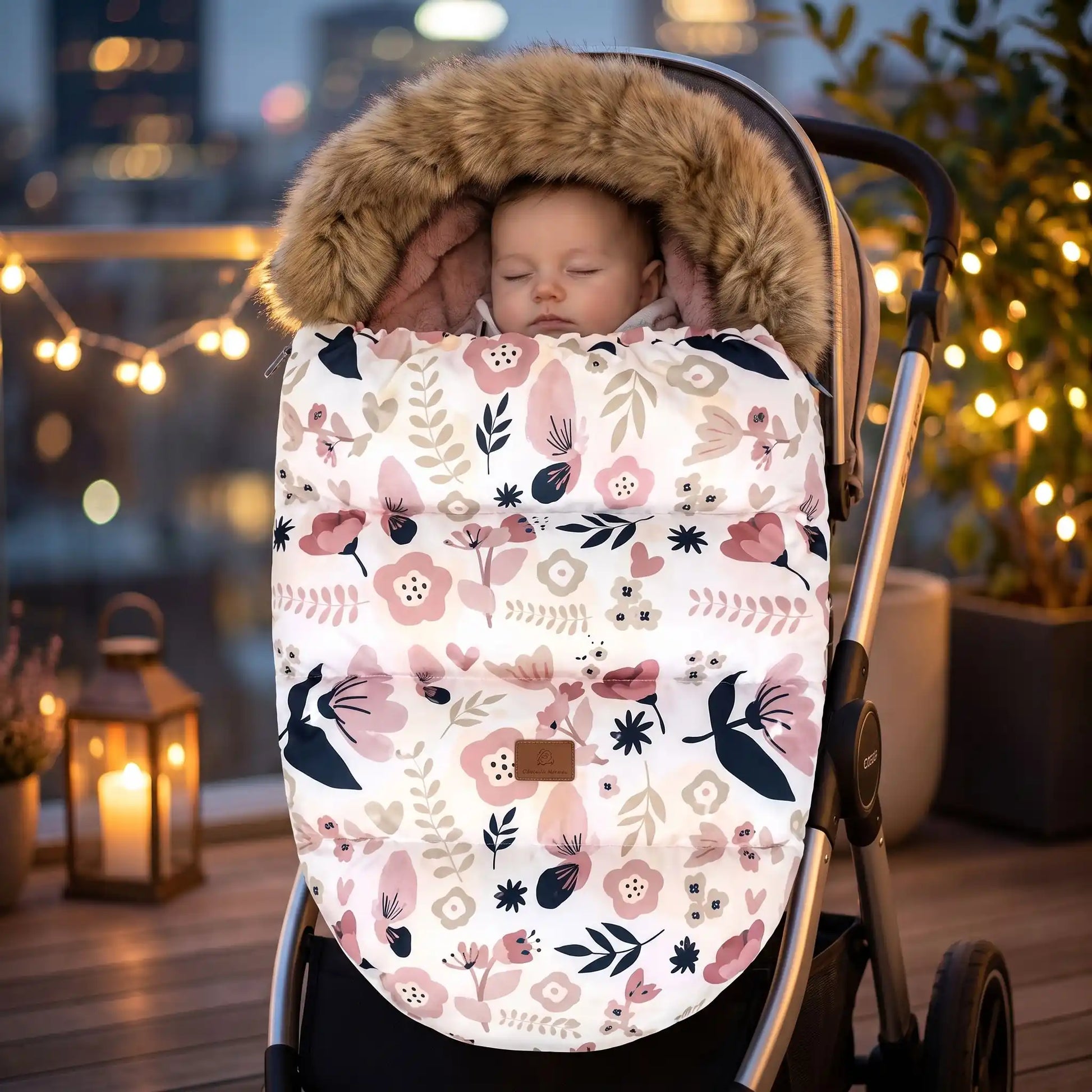 Bébé dans chancelière poussette fleural en terrasse