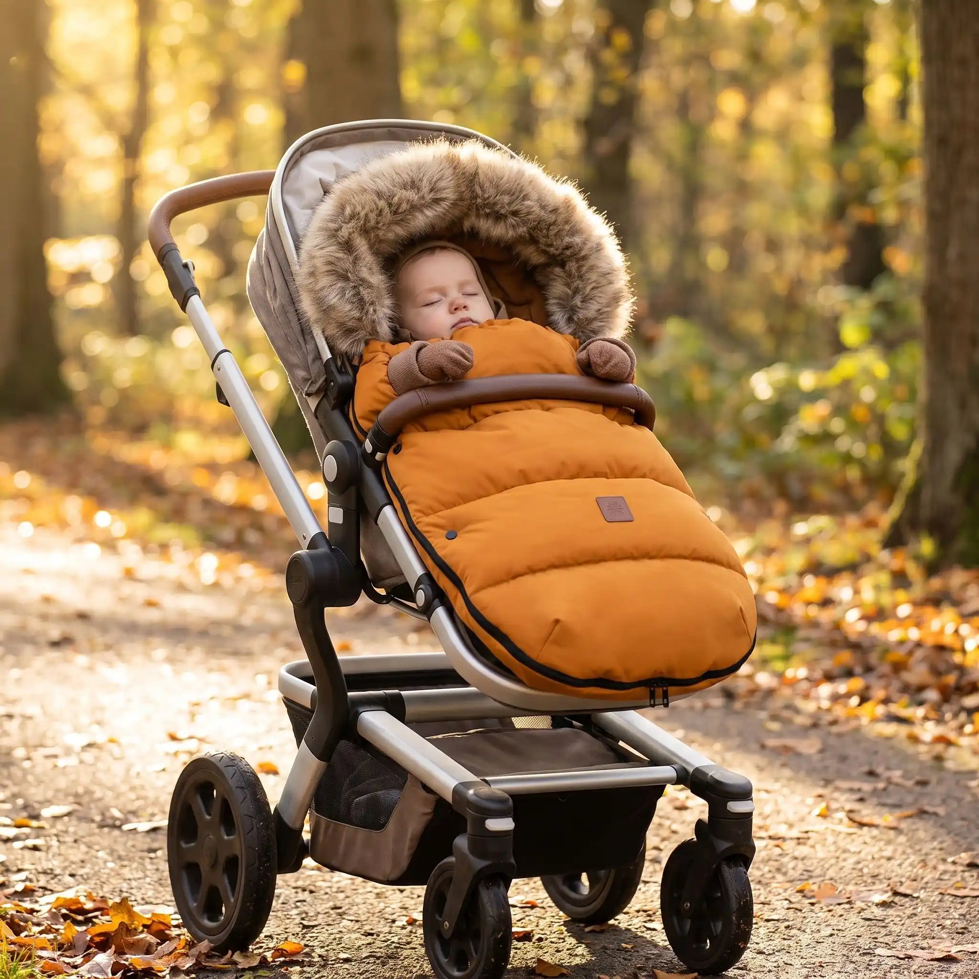 Bébé dans chancelière poussette marron dans les bois