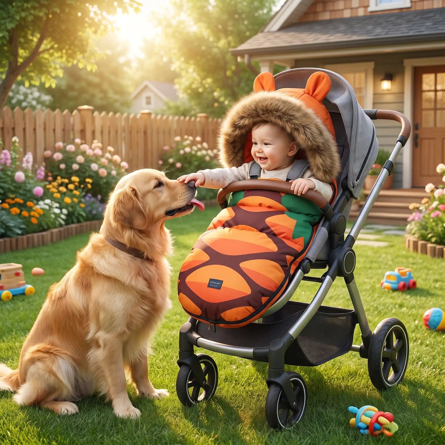 Bébé dans chancelière poussette motif ananas joue avec chien