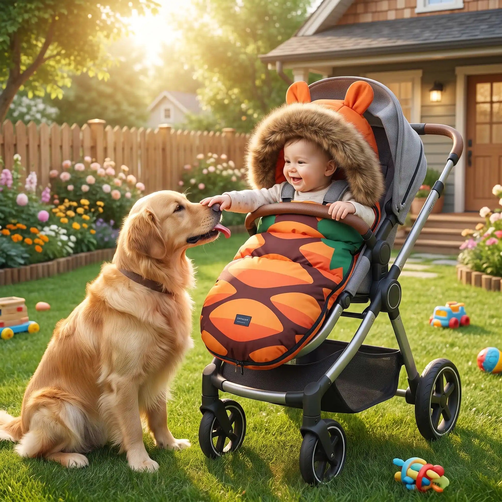 Bébé dans chancelière poussette motif ananas joue avec chien