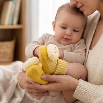 Bébé dans les bras maman souriante porte chaussettes bebe jaune poussin