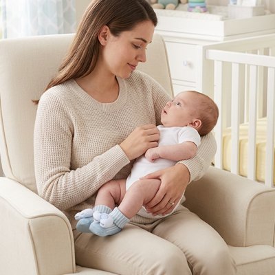 Bébé dans les bras maman porte chaussettes bleu éléphant