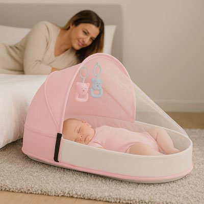 bébé dans lit de bébé voyage rose à côté maman dans chambre