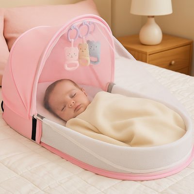bébé dans lit de bébé voyage rose en chambre