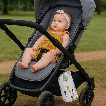 Bébé dans poussette au parc avec porte biberon bebe accroché