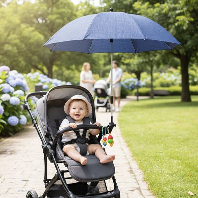 Bébé dans poussette au parc sous ombrelle poussette bleu