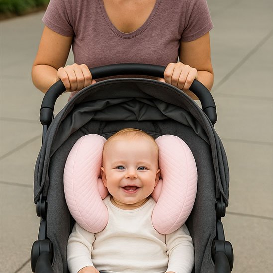 Bébé dans poussette porte cale tête bébé rose 