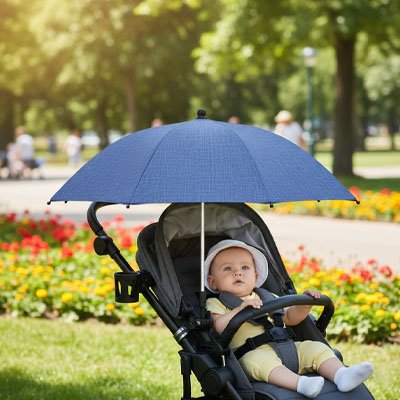 Bébé dans poussette sous ombrelle poussette bleu 