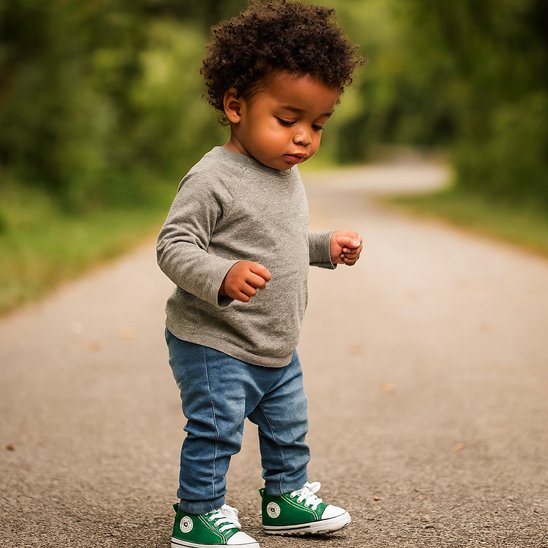 Bébé debout à extérieur porte chaussure bebe vert blanc