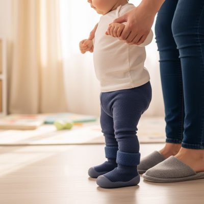 Bébé debout devant papa porte chaussure bebe bleu nuit