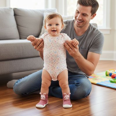 Bébé debout devant papa porte chaussure bebe rose antidérapante