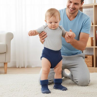 Bébé debout devant papa souriant porte chaussure bebe bleu nuit