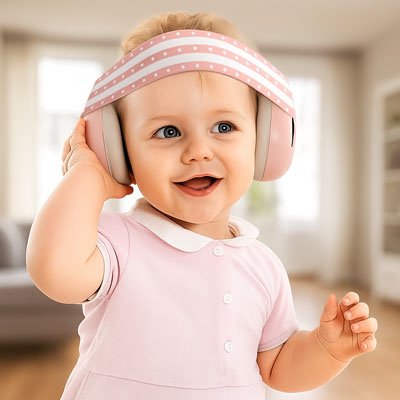 Bébé debout porte casque anti bruit bébé  rose