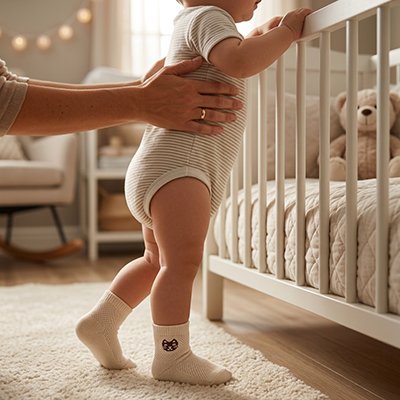 Bébé debout porte chaussette bebe beige chat