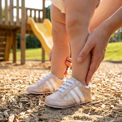 Bébé debout porte chaussure bebe rose au parc
