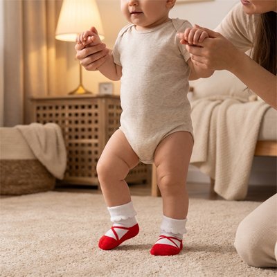 Bébé debout près maman porte chaussettes bebe rouge très doux 