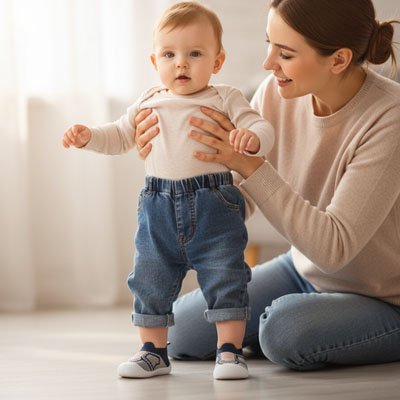 Bébé debout près maman porte chaussure bebe bleu foncé 