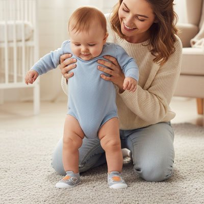 Bébé debout près maman porte chaussure bebe gris