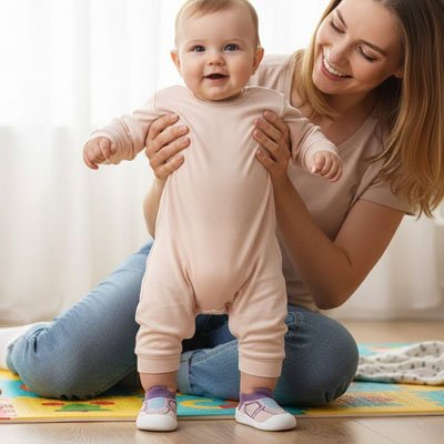 Bébé debout près maman porte chaussure bebe rose