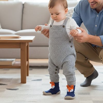 Bébé debout près papa porte chaussure bebe bleu antidérapante