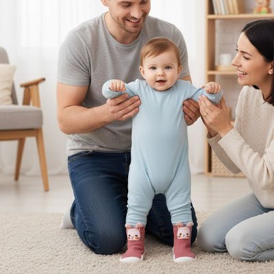 Bébé debout près parents porte chaussure bebe rose antidérapante