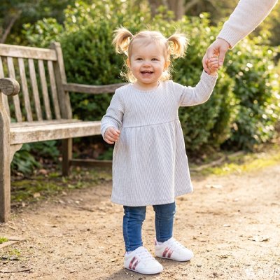 Bébé debout souriant porte chaussure bebe blanc rose