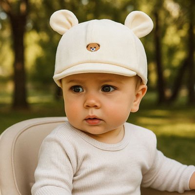 Bébé  dehors porte  casquette bébé  blanc chat