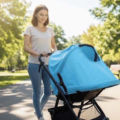 Bébé dehors sous par soleil pour poussette​ bleu ciel