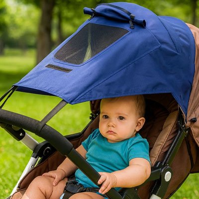 Bébé dehors sous parasol pour poussette​ bleu