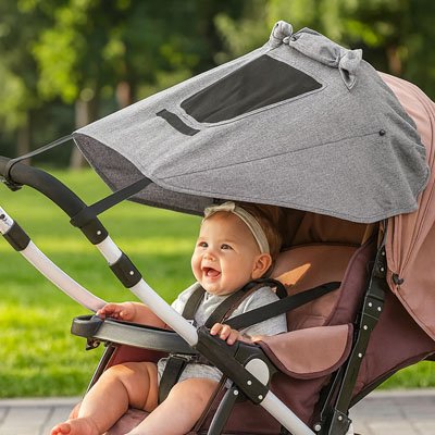 Bébé dehors sous parasol poussette​ gris