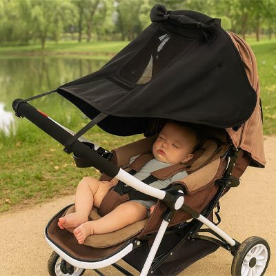 Bébé dehors sous parasol poussette​ noir