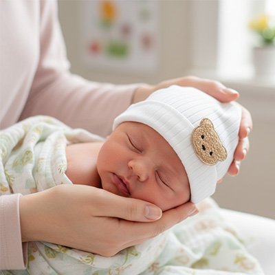 bébé dort avec bonnet bleu ourson dans bras maman