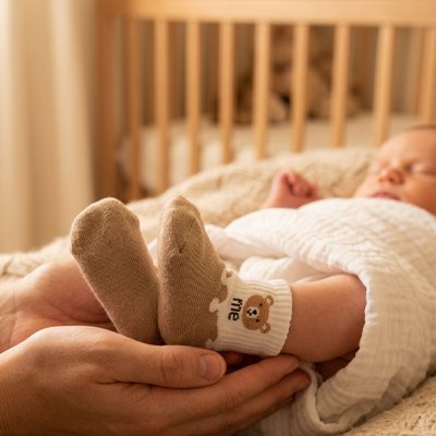 Bébé dort avec chaussette bebe marron blanc moi  ourson