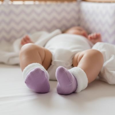 bébé dort avec chaussette bébé violet blanc dans son lit