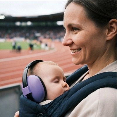 Bébé dort contre maman avec casque anti bruit bebe violet
