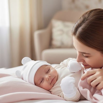 Bébé dort près de maman portant son bonnet blanc
