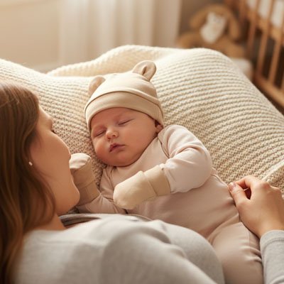 Bébé dort près maman portant son bonnet beige