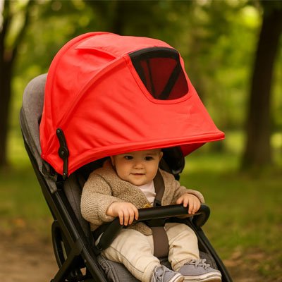 Bébé en balade sous par soleil pour poussette​ rouge