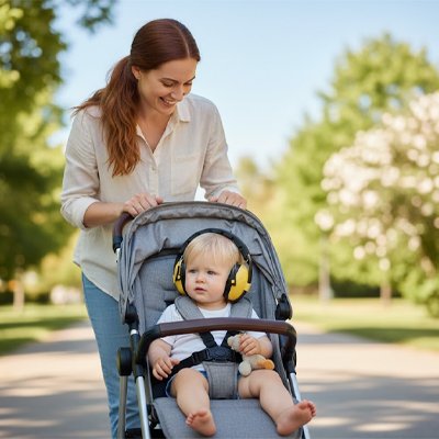 Bébé en balade  porte casque anti bruit bébé jaune